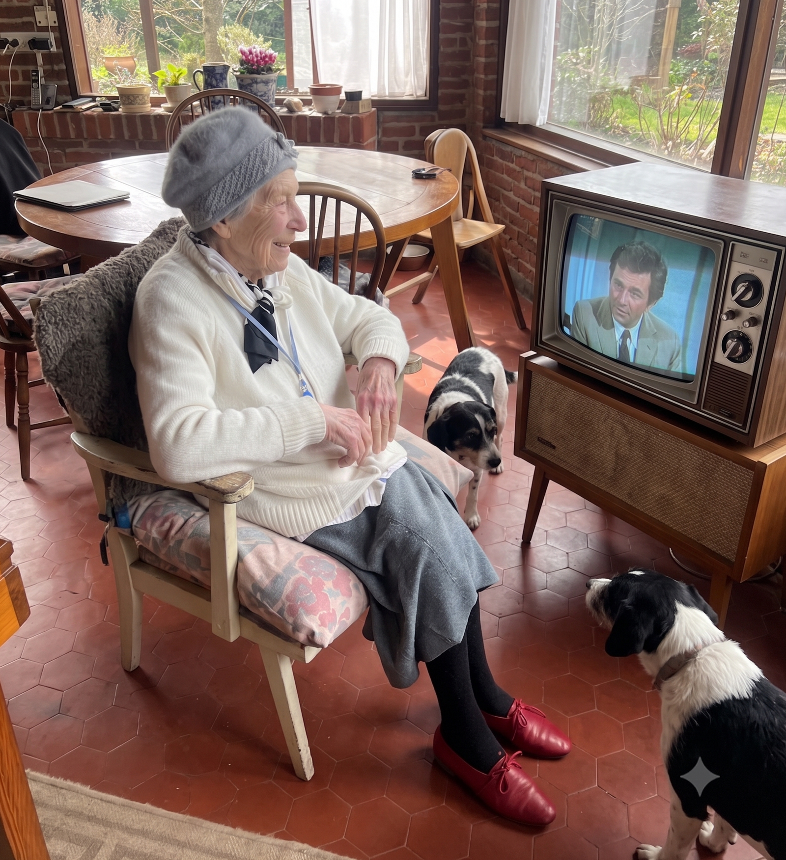 An older woman watching television, lit by the screen